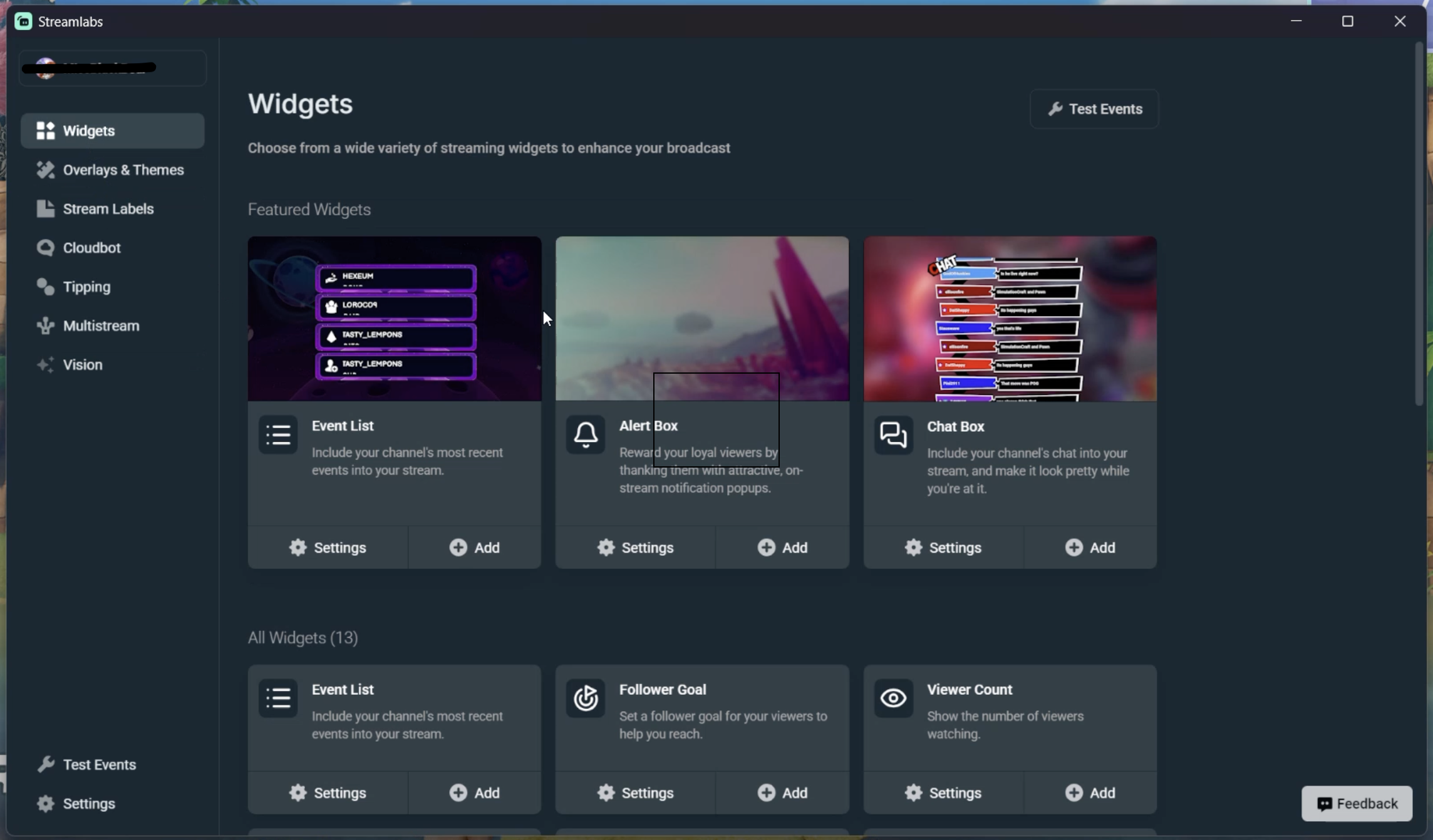 widgets tab in Plugin for OBS